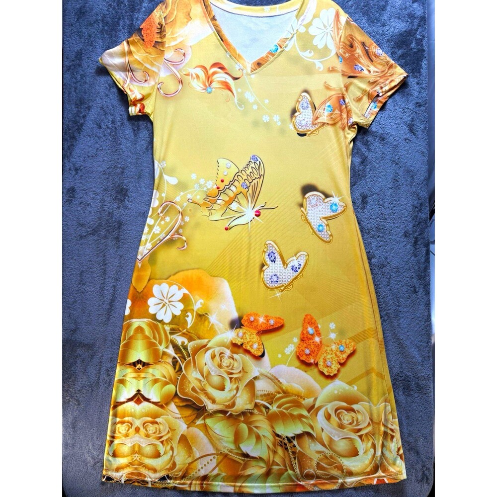 DENATER Yellow Butterfly Floral Knit Shift Dress V-Neck Short Sleeve M